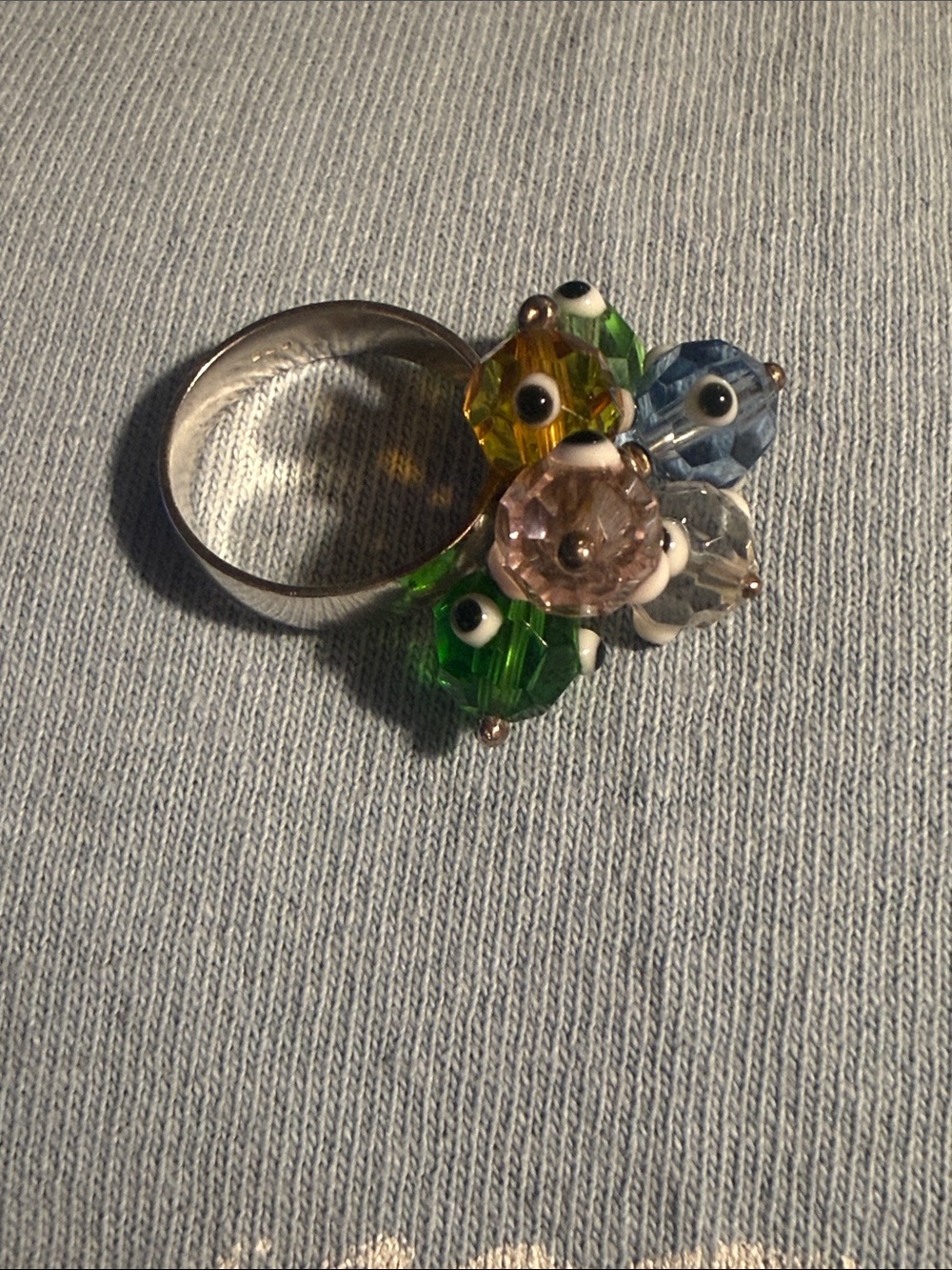 Whimsical Multicolor Beaded Eye Cluster Ring Silver Tone Statement Ring Handmade